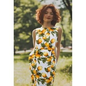 Anne Klein Lemon Print Dress Fit Flare Crew Sleeveless Pockets Size Large 10 EUC